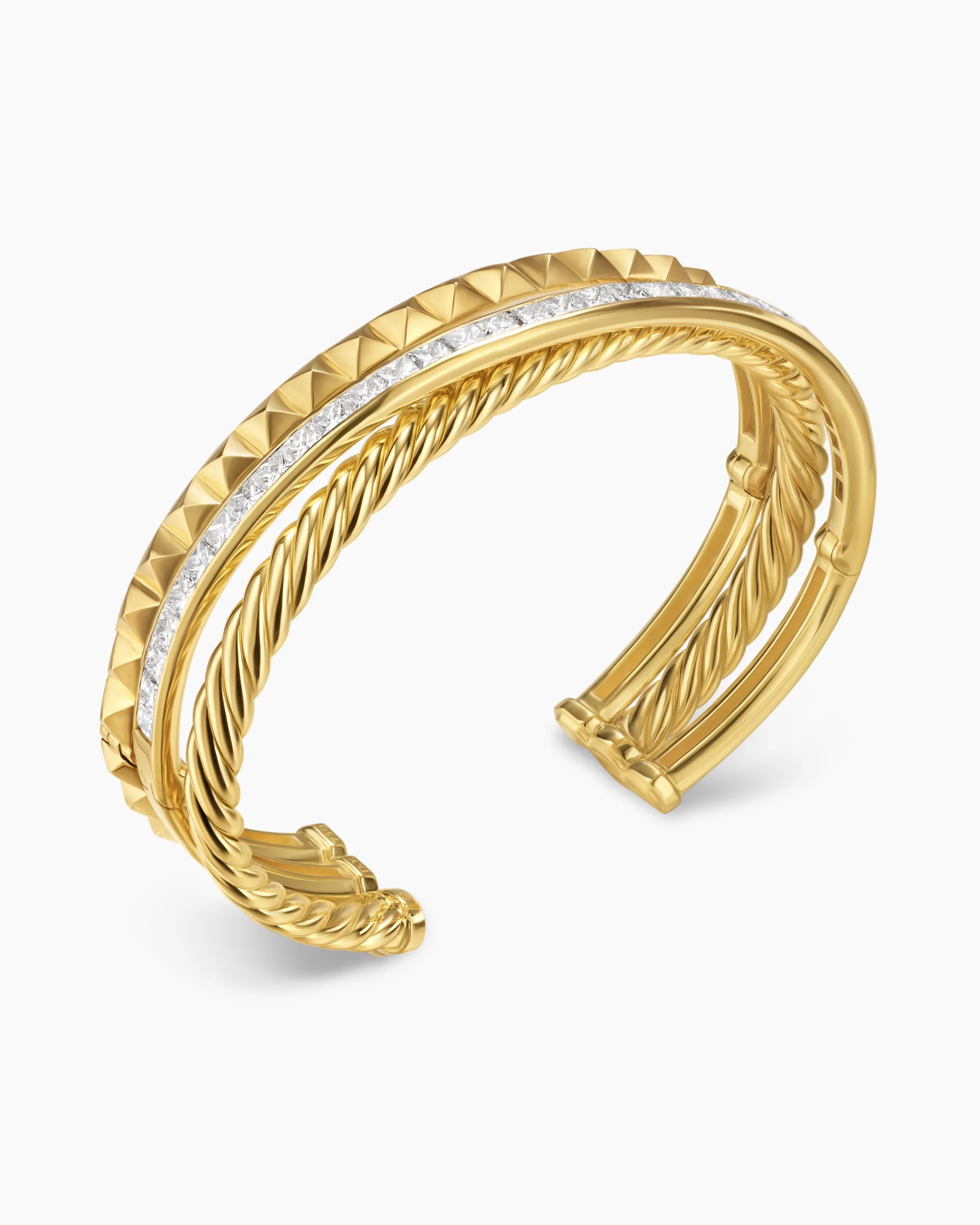 Crossover Trio Three Row Cuff Bracelet 18K Yellow Gold with Diamonds, 20mm