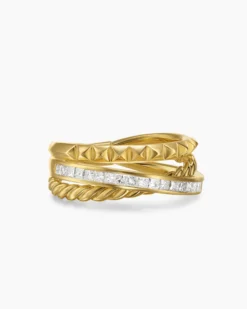 Crossover Trio Three Row Ring 18K Yellow Gold with Diamonds, 8mm