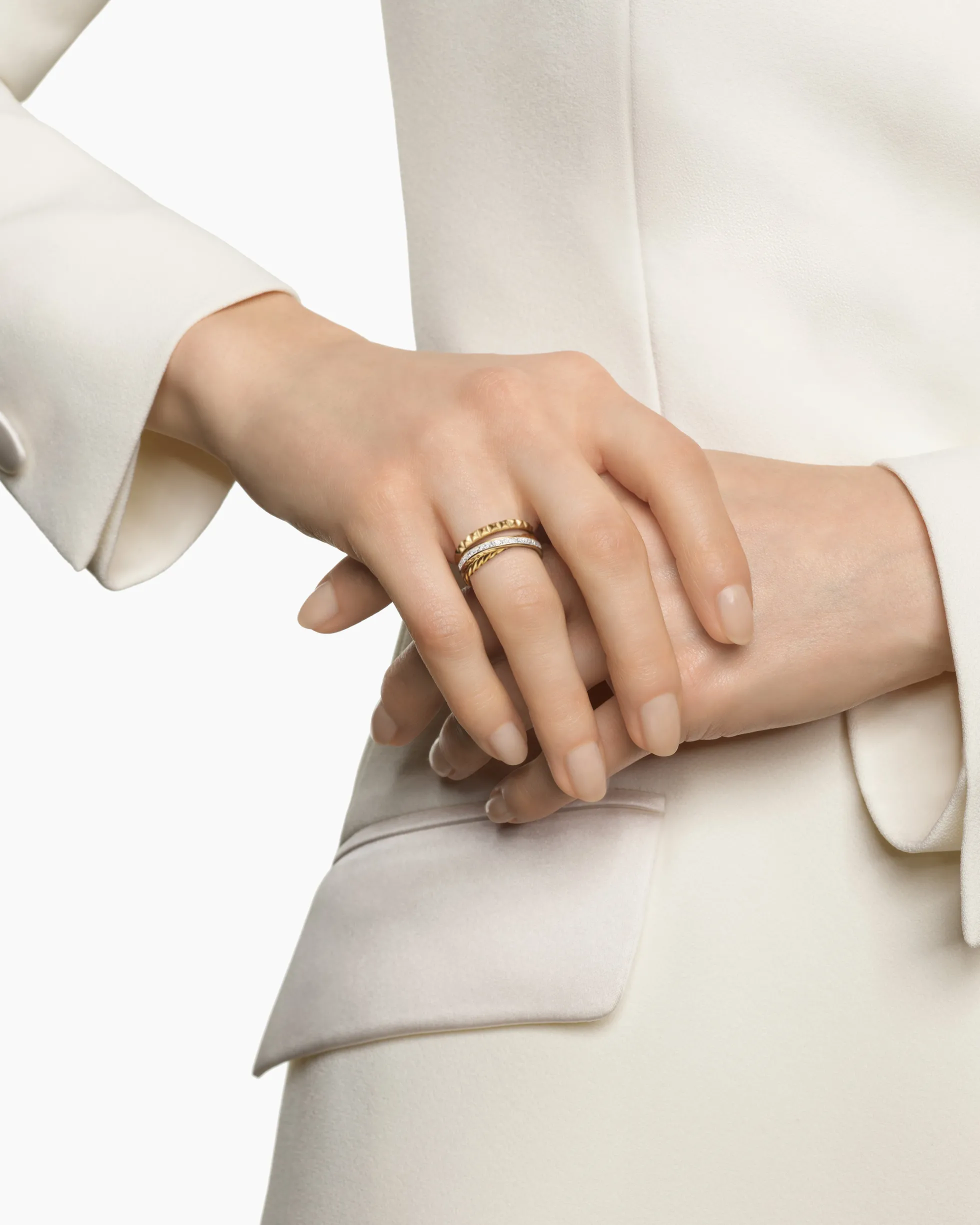 Crossover Trio Three Row Ring 18K Yellow Gold with Diamonds, 8mm