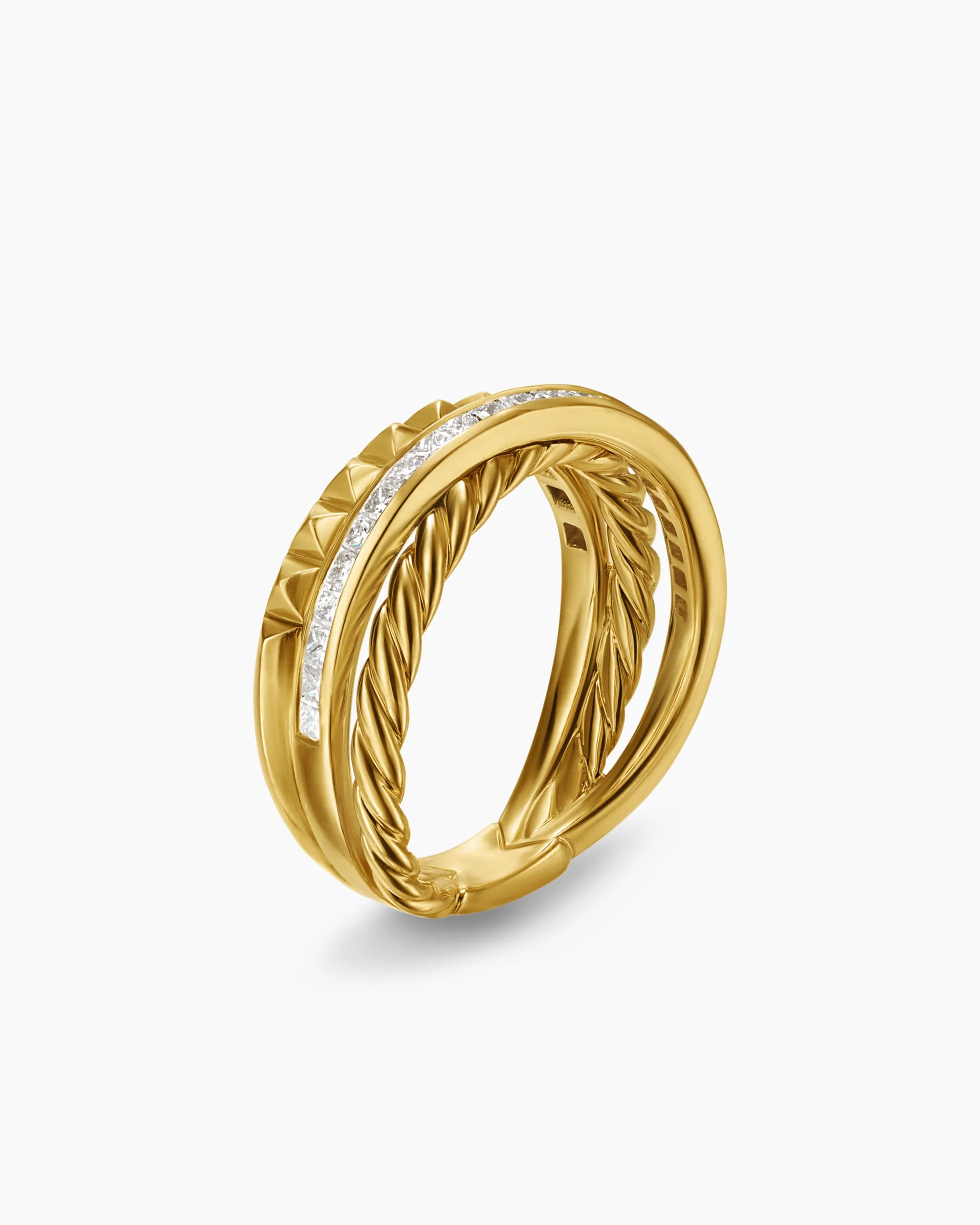 Crossover Trio Three Row Ring 18K Yellow Gold with Diamonds, 8mm