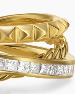 Crossover Trio Three Row Ring 18K Yellow Gold with Diamonds, 8mm