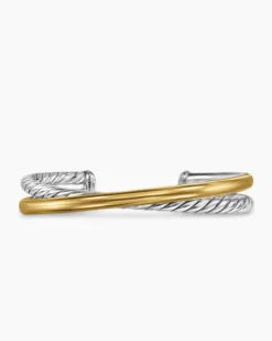 Crossover Two Row Cuff Bracelet Sterling Silver with 14K Yellow Gold, 10.7mm