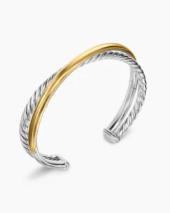 Crossover Two Row Cuff Bracelet Sterling Silver with 14K Yellow Gold, 10.7mm