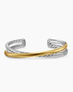 Crossover Two Row Cuff Bracelet Sterling Silver with 14K Yellow Gold, 10.7mm