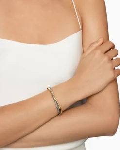 Crossover Two Row Cuff Bracelet Sterling Silver with 18K Yellow Gold, 5mm