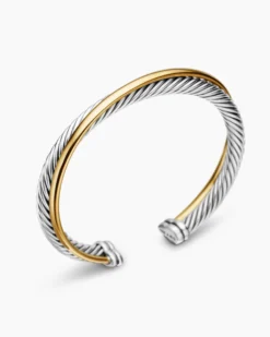 Crossover Two Row Cuff Bracelet Sterling Silver with 18K Yellow Gold, 5mm