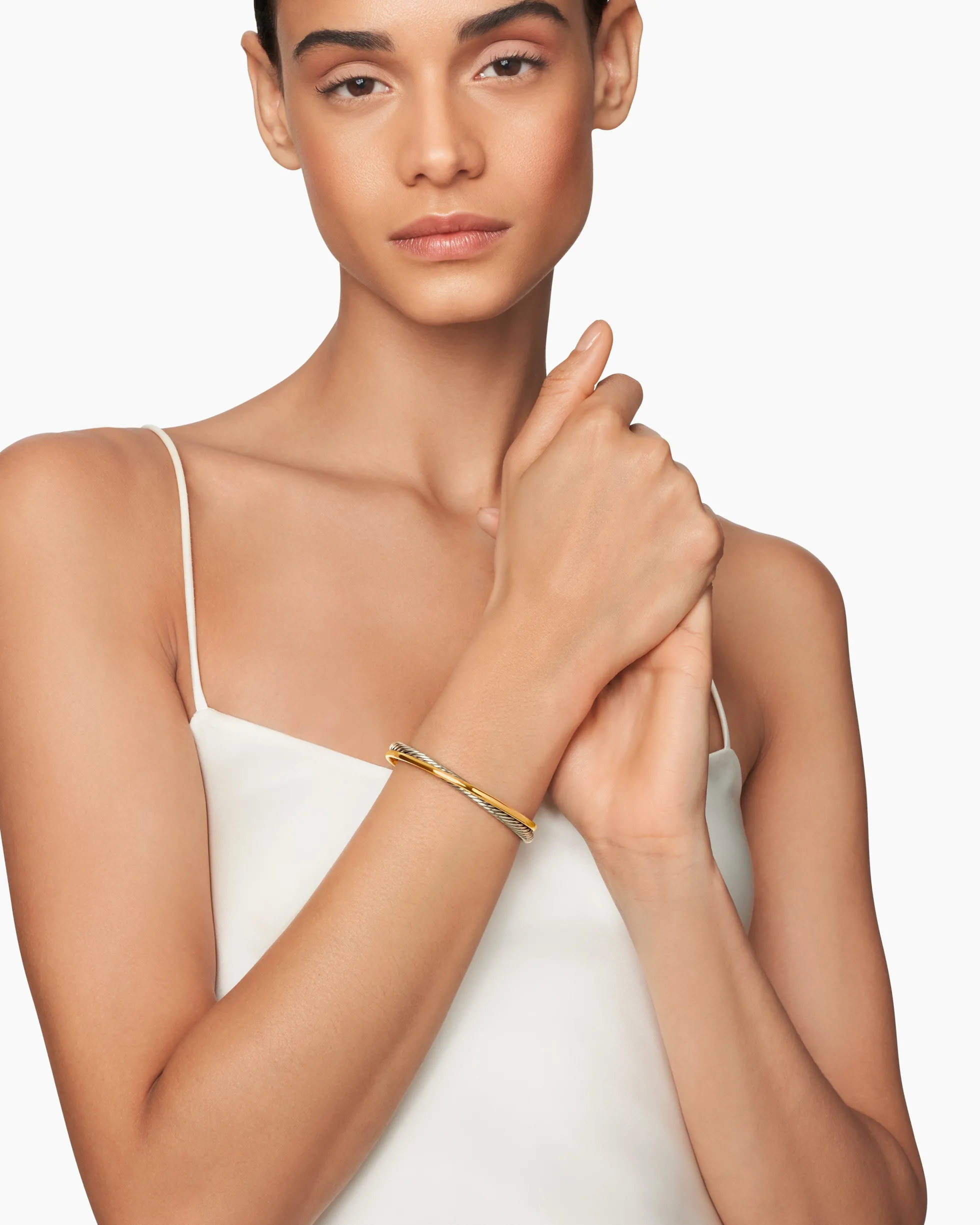 Crossover Two Row Cuff Bracelet Sterling Silver with 18K Yellow Gold, 5mm