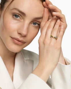 Crossover Two Row Ring Sterling Silver with 14K Yellow Gold, 7.4mm