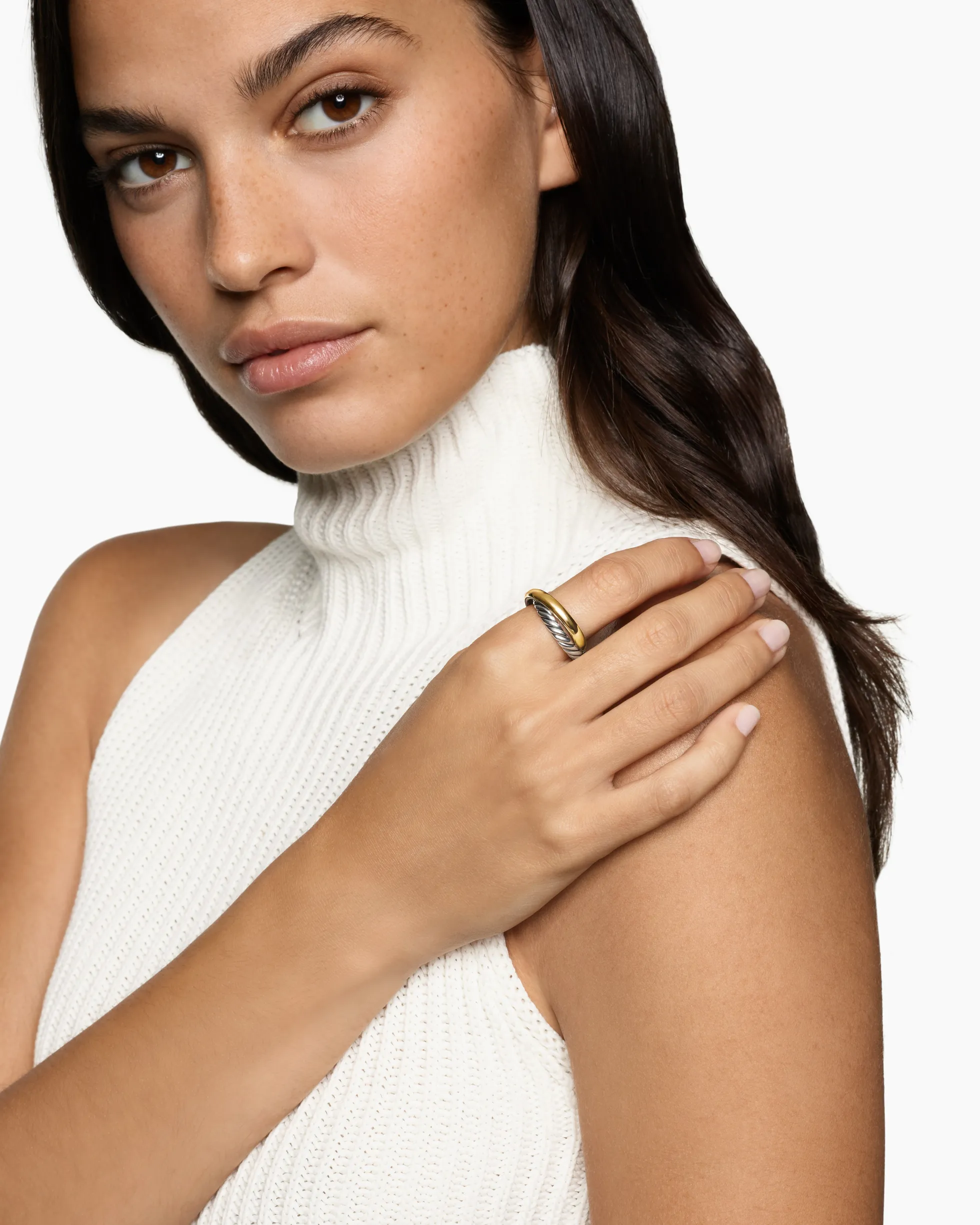 Crossover Two Row Rotating Ring Sterling Silver with 14K Yellow Gold, 7mm
