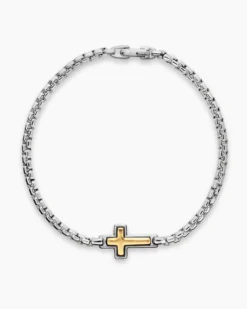Cross Station Bracelet Sterling Silver with 14K Yellow Gold, 3.6mm