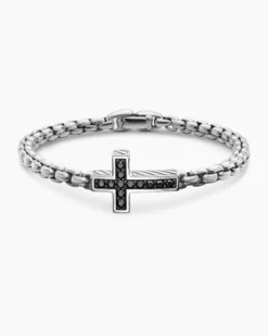 Cross Station Bracelet Sterling Silver with Black Diamonds, 5mm