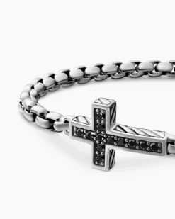 Cross Station Bracelet Sterling Silver with Black Diamonds, 5mm