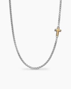 Cross Station Necklace Sterling Silver with 14K Yellow Gold, 3.6mm