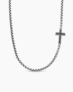 Cross Station Necklace Sterling Silver with Black Diamonds, 3.4mm