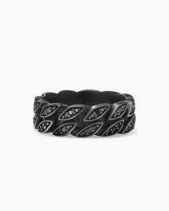 Curb Chain Band Ring Black Titanium with Black Diamonds, 8mm