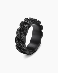Curb Chain Band Ring Black Titanium with Black Diamonds, 8mm