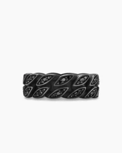 Curb Chain Band Ring Black Titanium with Black Diamonds, 8mm