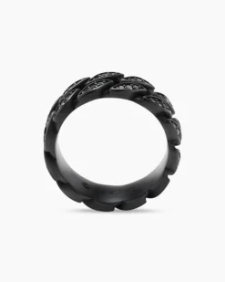 Curb Chain Band Ring Black Titanium with Black Diamonds, 8mm