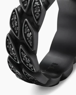 Curb Chain Band Ring Black Titanium with Black Diamonds, 8mm