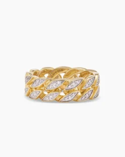 Curb Chain Band Ring 18K Yellow Gold with Diamonds, 8mm