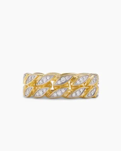 Curb Chain Band Ring 18K Yellow Gold with Diamonds, 8mm