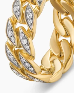 Curb Chain Band Ring 18K Yellow Gold with Diamonds, 8mm