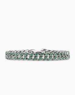 Curb Chain Bracelet 18K White Gold with Emeralds, 8mm