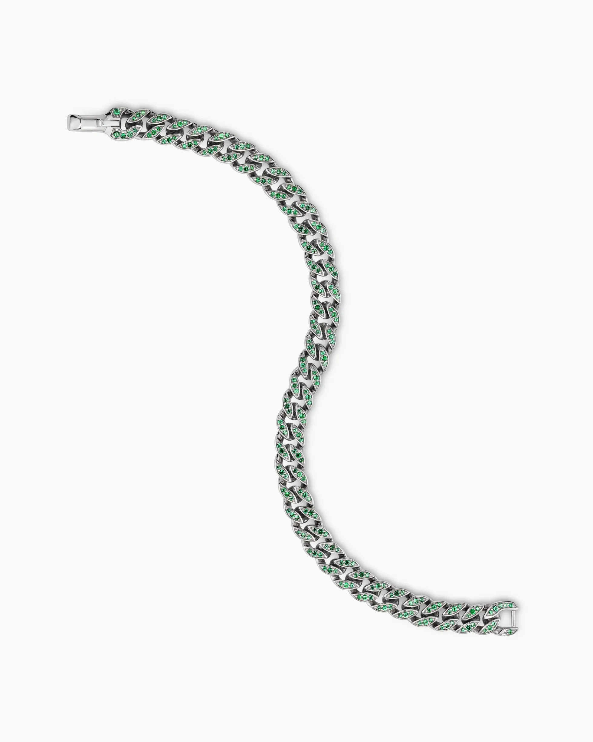 Curb Chain Bracelet 18K White Gold with Emeralds, 8mm