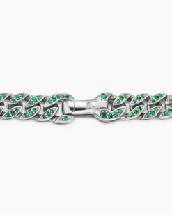 Curb Chain Bracelet 18K White Gold with Emeralds, 8mm