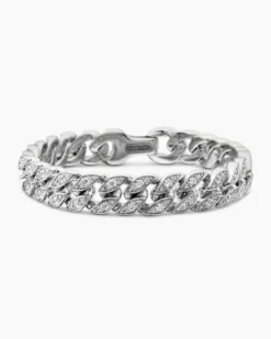 Curb Chain Bracelet Sterling Silver with Diamonds, 11.5mm
