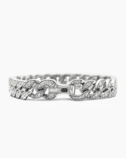 Curb Chain Bracelet Sterling Silver with Diamonds, 11.5mm