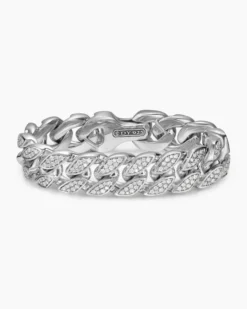 Curb Chain Bracelet Sterling Silver with Diamonds, 18mm
