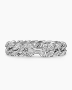Curb Chain Bracelet Sterling Silver with Diamonds, 18mm
