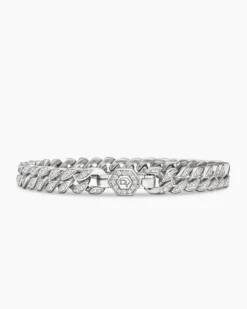 Curb Chain Bracelet Sterling Silver with Diamonds, 7mm