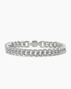 Curb Chain Bracelet Sterling Silver with Diamonds, 7mm