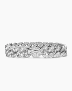 Curb Chain Bracelet Sterling Silver with Diamonds, 11.5mm