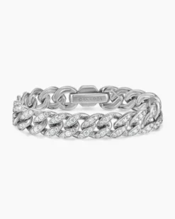 Curb Chain Bracelet Sterling Silver with Diamonds, 11.5mm