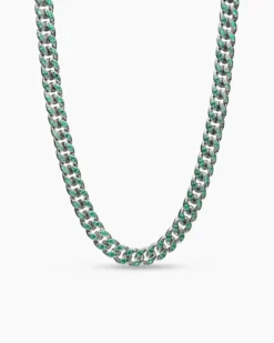 Curb Chain Necklace 18K White Gold with Emeralds, 11.5mm