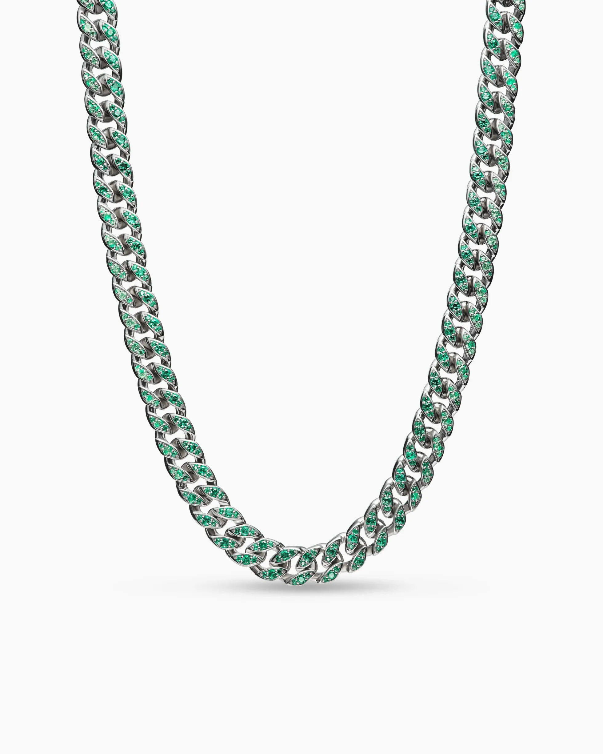 Curb Chain Necklace 18K White Gold with Emeralds, 11.5mm