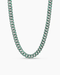 Curb Chain Necklace 18K White Gold with Emeralds, 11.5mm