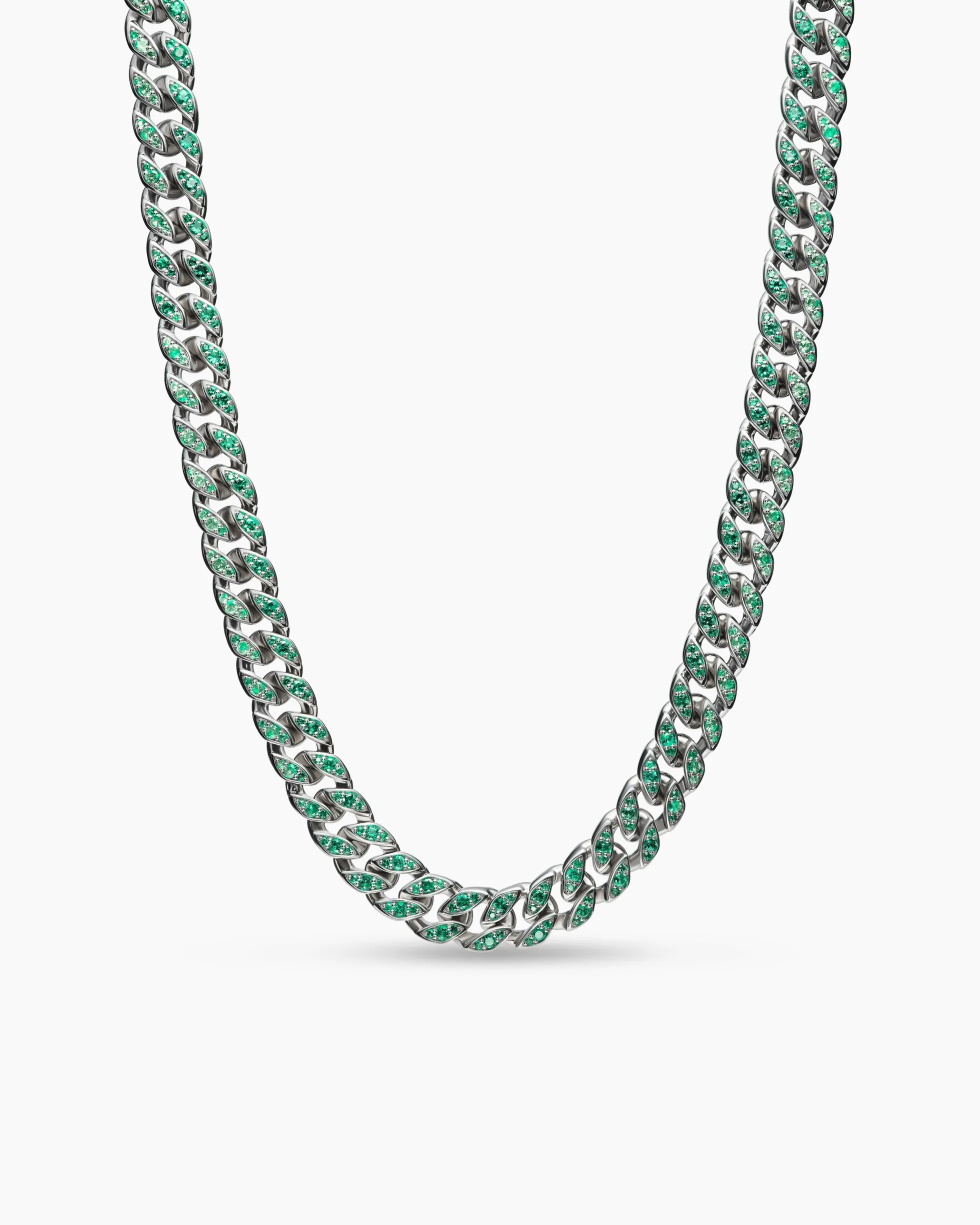 Curb Chain Necklace 18K White Gold with Emeralds, 11.5mm