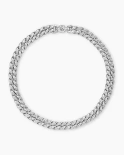 Curb Chain Necklace Sterling Silver with Diamonds, 11.5mm