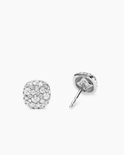 Cushion Stud Earrings 18K White Gold with Diamonds, 8mm