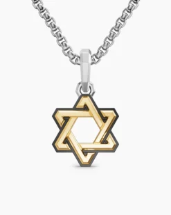 Deco Star of David Amulet Sterling Silver with 14K Yellow Gold, 19.5mm