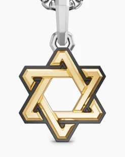 Deco Star of David Amulet Sterling Silver with 14K Yellow Gold, 19.5mm