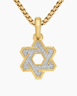 Deco Star of David Pendant 18K Yellow Gold with Diamonds, 19.5mm