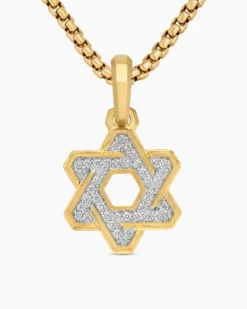 Deco Star of David Pendant 18K Yellow Gold with Diamonds, 19.5mm