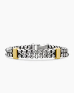 Double Box Chain Bracelet Sterling Silver with 18K Yellow Gold, 10.5mm