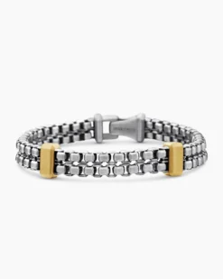 Double Box Chain Bracelet Sterling Silver with 18K Yellow Gold, 10.5mm