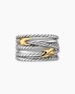 Double X Crossover Ring Sterling Silver with 18K Yellow Gold, 13mm